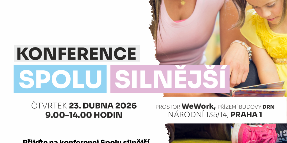 Pozvánka na konferenci Spolu silnější: Žena a holčička si společně čtou knihu. V pozadí je vidět část invalidního vozíku. Grafika obsahuje termín 23. dubna 2026 v budově DRN v Praze.