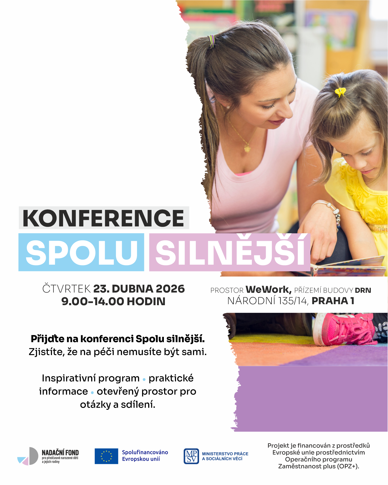Pozvánka na konferenci Spolu silnější: Žena a holčička si společně čtou knihu. V pozadí je vidět část invalidního vozíku. Grafika obsahuje termín 23. dubna 2026 v budově DRN v Praze.