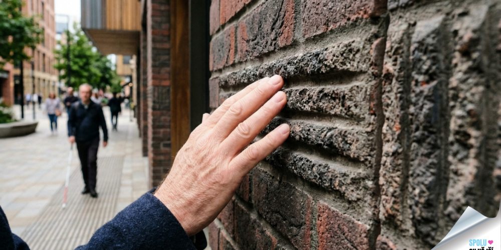 Detail lidské ruky se zblízka, která se dotýká hluboce rýhované cihlové a betonové zdi. Prsty jsou opřeny o strukturovaný povrch.