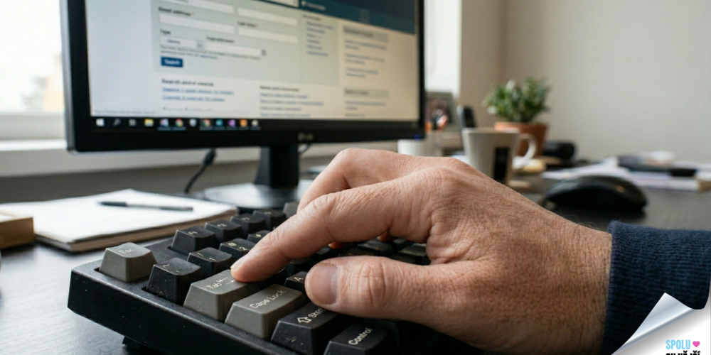 Detailní záběr ruky, kde ukazováček tiskne klávesu Tab na černé počítačové klávesnici. V pozadí je rozostřený monitor s webovým formulářem.