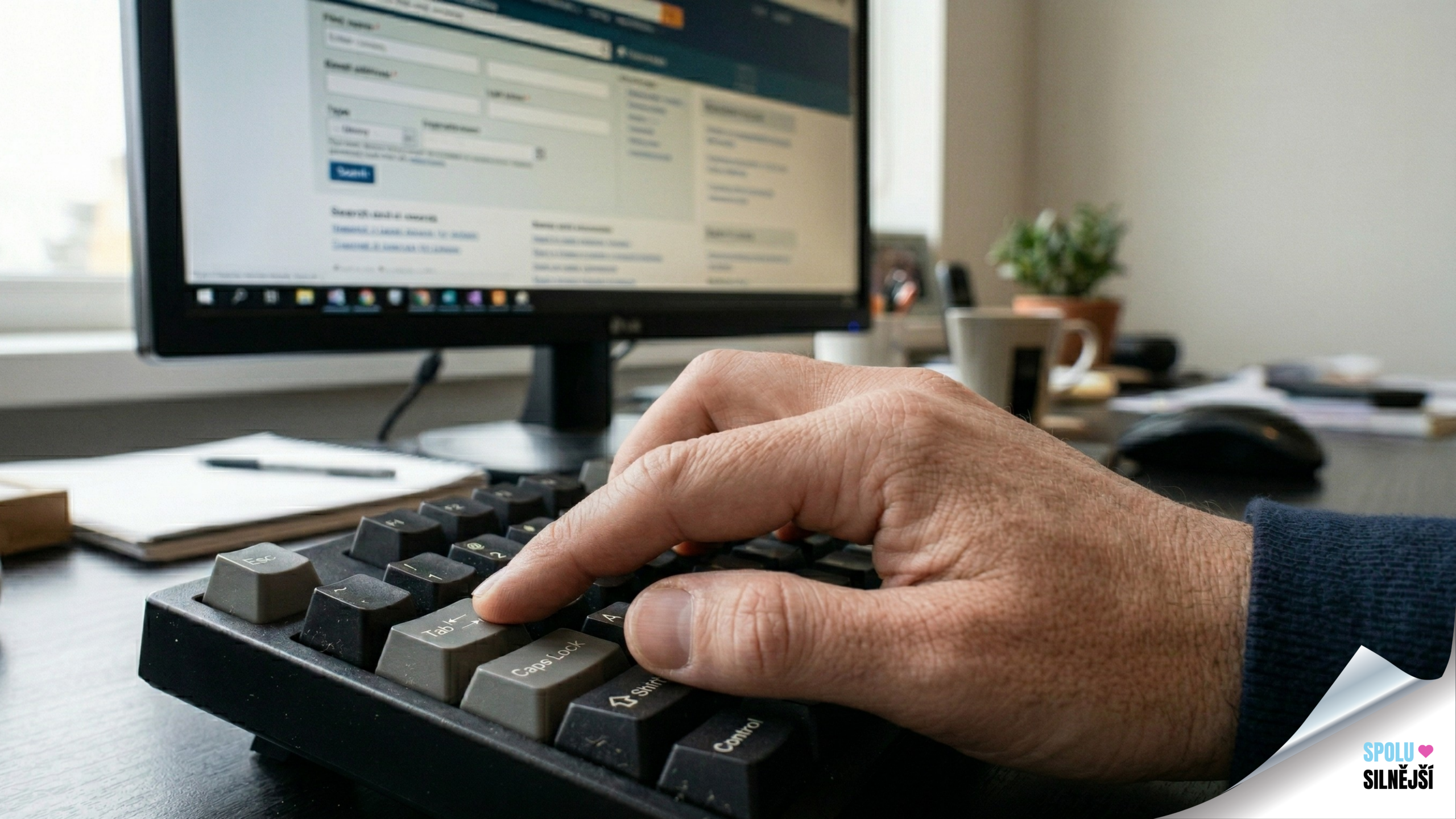 Detailní záběr ruky, kde ukazováček tiskne klávesu Tab na černé počítačové klávesnici. V pozadí je rozostřený monitor s webovým formulářem.